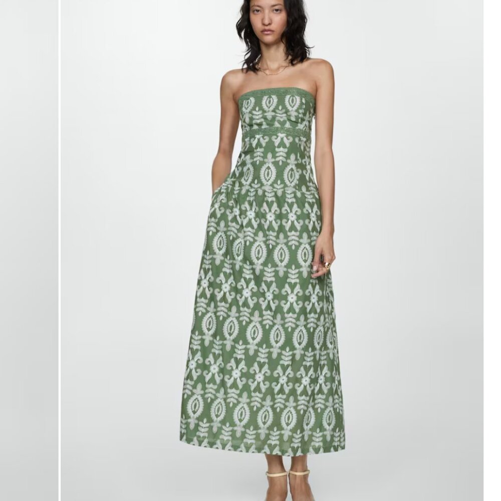 Mango Strapless Maxi Green Printed Summer Cotton Dress